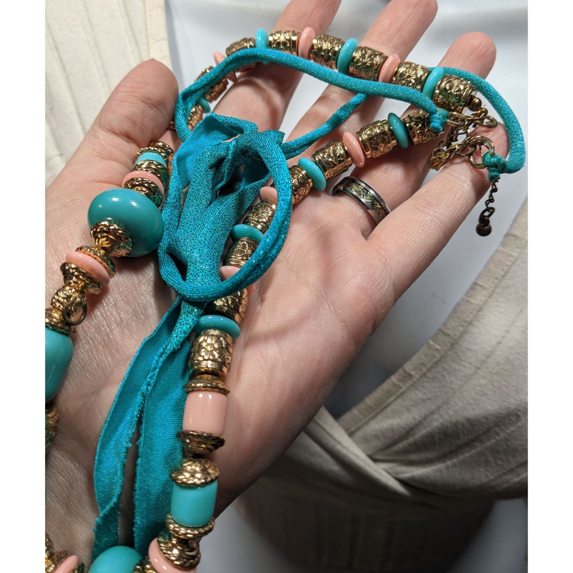 Other Vintage Bohemian Festival Blue Pink And Gold Floral Necklace Size ONE SIZE - 6 Thumbnail