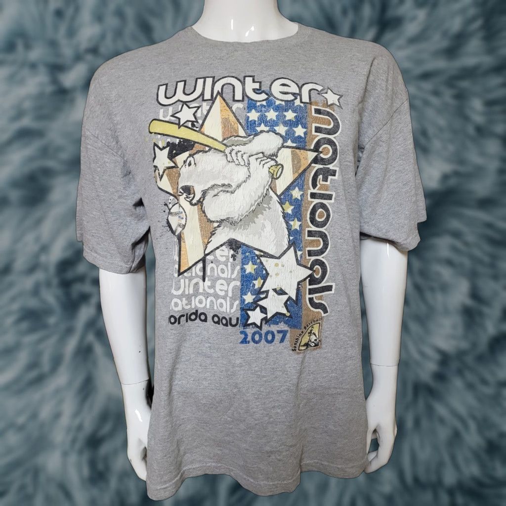 Gildan VTG 2007 Winter Nationals Florida AAU Baseball T Shirt XL Team List Gildan Men Gray Cotton Blend Short Sleeve Crew Neck Graphic Tee Baseball Shirt Size US XL / EU 56 / 4 - 1 Thumbnail