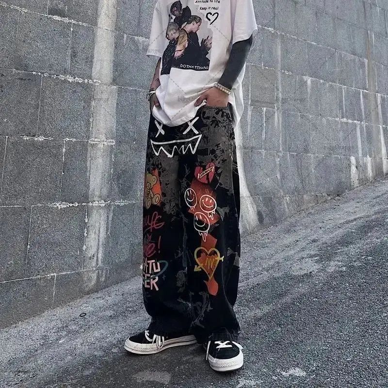Japanese Brand Straight Wide Leg Pants Graffiti Print Casual Jeans Y2k Size US 32 / EU 48 - 3 Thumbnail