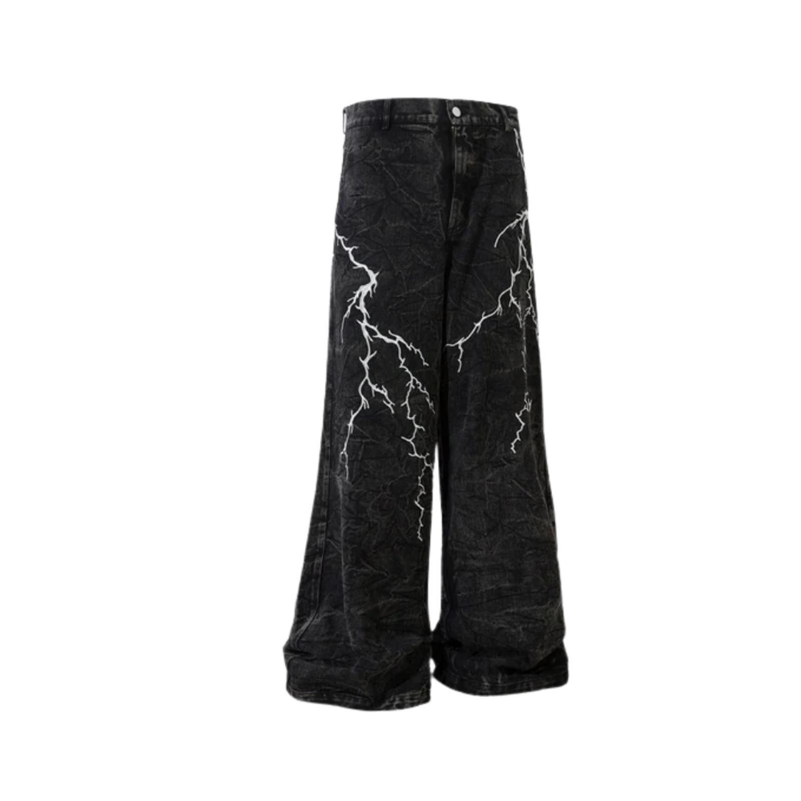 Vintage Lightning Embroidered Washed Loose Long Denim Jeans Size US 32 / EU 48 - 1 Thumbnail