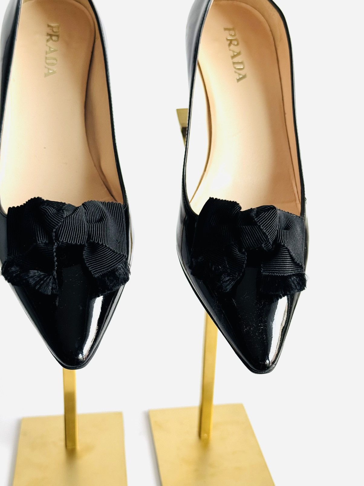 Prada black patent leather kitten heel grosgrain bow pumps