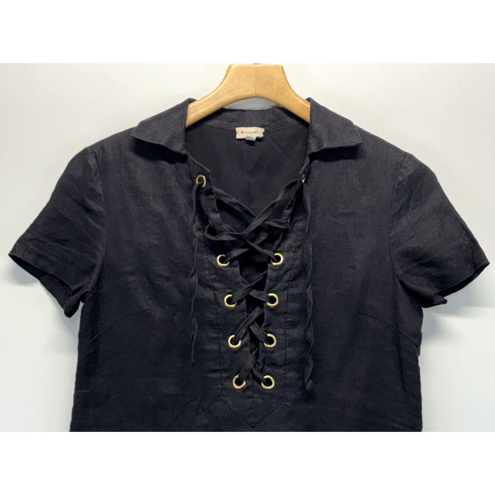 Cremieux VINTAGE Cremieux Shirt Dress Women XS Black Linen Pockets Lace Up Collared Short Sleeve Casual Travel Size XS / US 0-2 / IT 36-38 - 2 Thumbnail