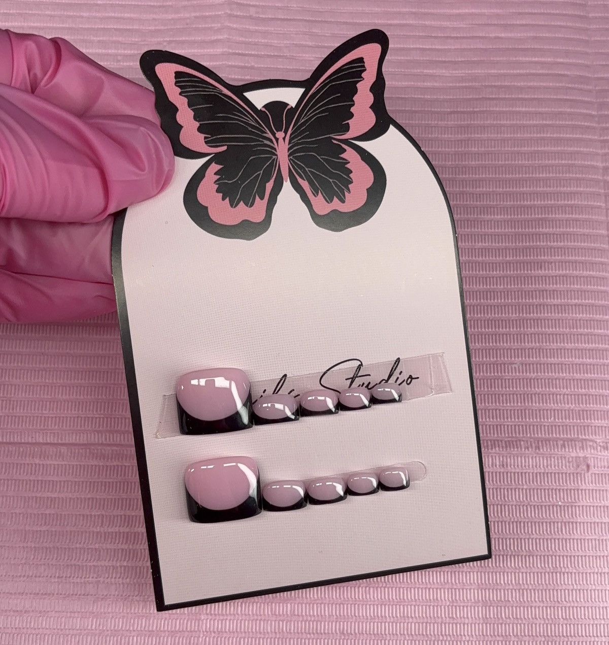 Handmade press on toenails pink nude black French tips handmade gel Size ONE SIZE - 11 Thumbnail