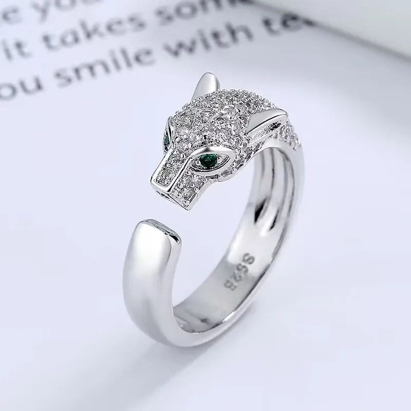 Jewelry × Vintage 925 Silver charm Crystal creative leopard head Rings Size ONE SIZE - 2 Thumbnail