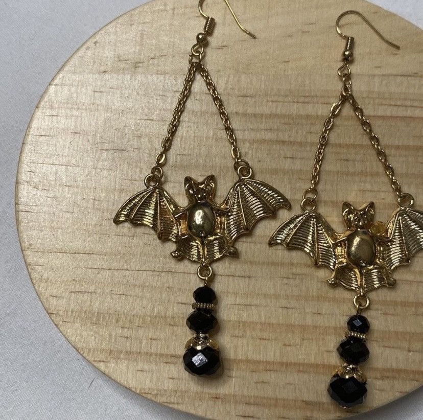 Other Bat Dangle Earrings Halloween Vampire Gold-tone 2in Size ONE SIZE - 2 Thumbnail