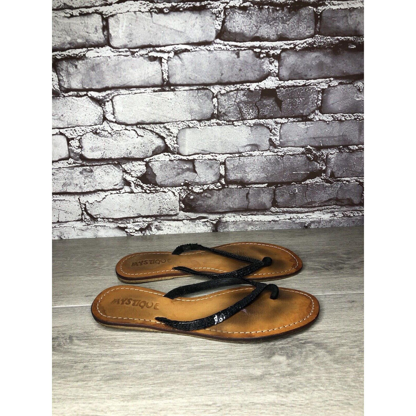Other Mystique Black Leather Snake Skin Thong Flip Flops Sandals W Size US 9 / IT 39 - 12 Thumbnail