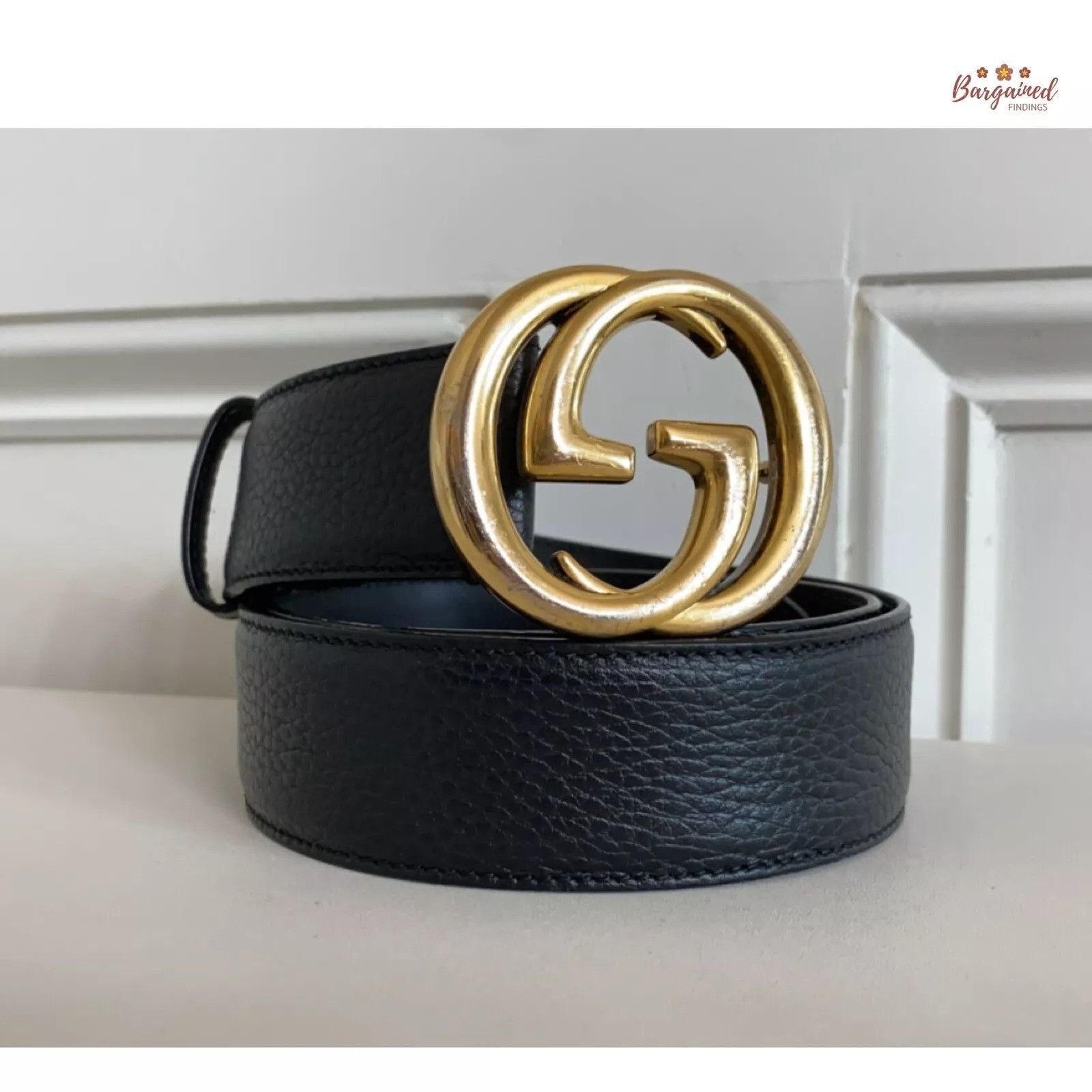 Gucci Gucci Black Pebbled Leather Gold Interlocking G Buckle Belt Size 34 - 7 Thumbnail