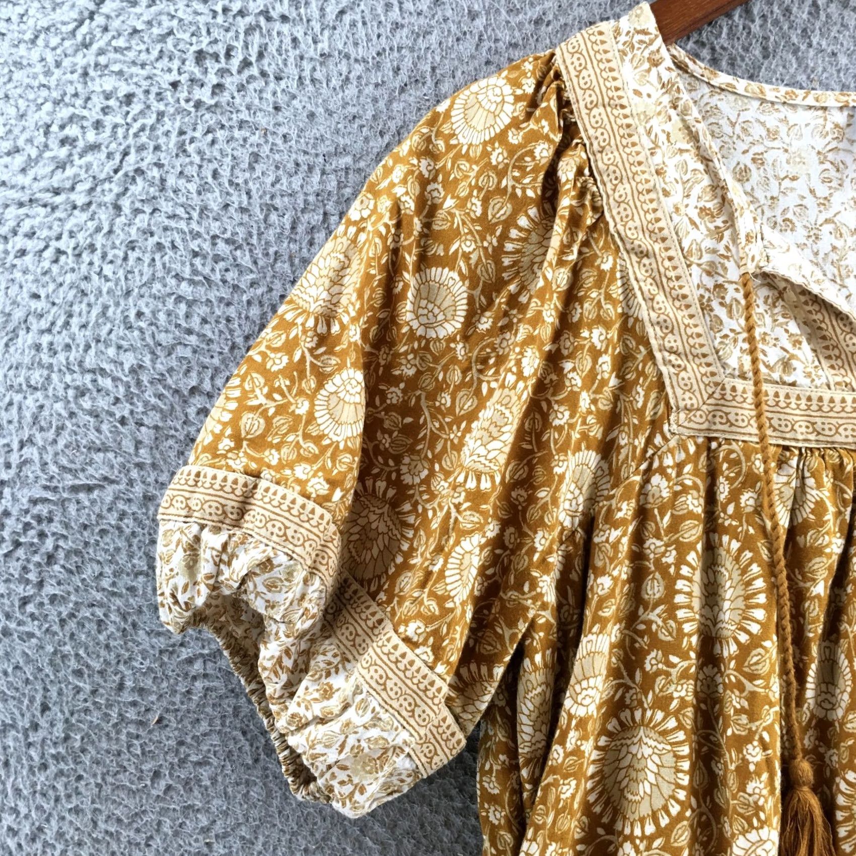 Old Navy Old Navy Dress Womens XS Mustard Floral Short Puff Sleeve Boho Peasant Tassel Size 26" / US 2 / IT 38 - 4 Thumbnail