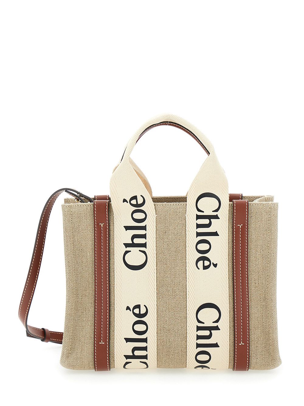 Chloe Beige 'Woody' Tote Bag with Logoed Ribbons in Canvas and Leather for Women Size ONE SIZE - 1 Thumbnail