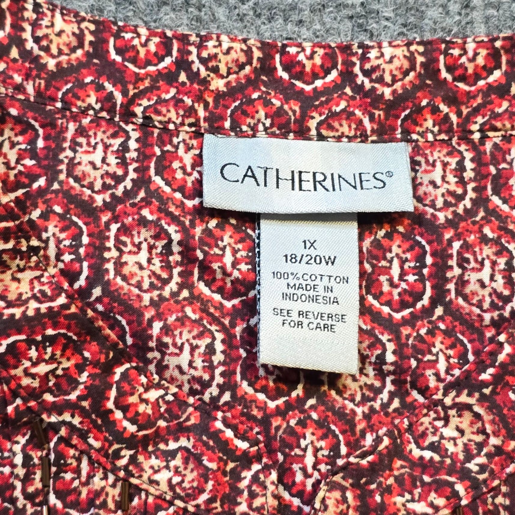 Vintage Catherine's Beaded Round Neck Button Blouse Women 1X Brown Orange Casual Career Geometric Pattern Size XL / US 12-14 / IT 48-50 - 3 Thumbnail