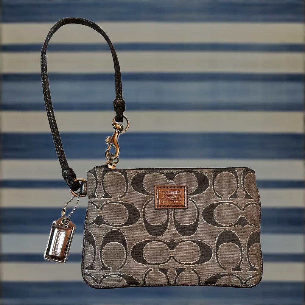 Coach Coach Poppy Gray Logo Signature & Metallic Silver Leather Wristlet Wallet Women Size ONE SIZE - 1 Thumbnail