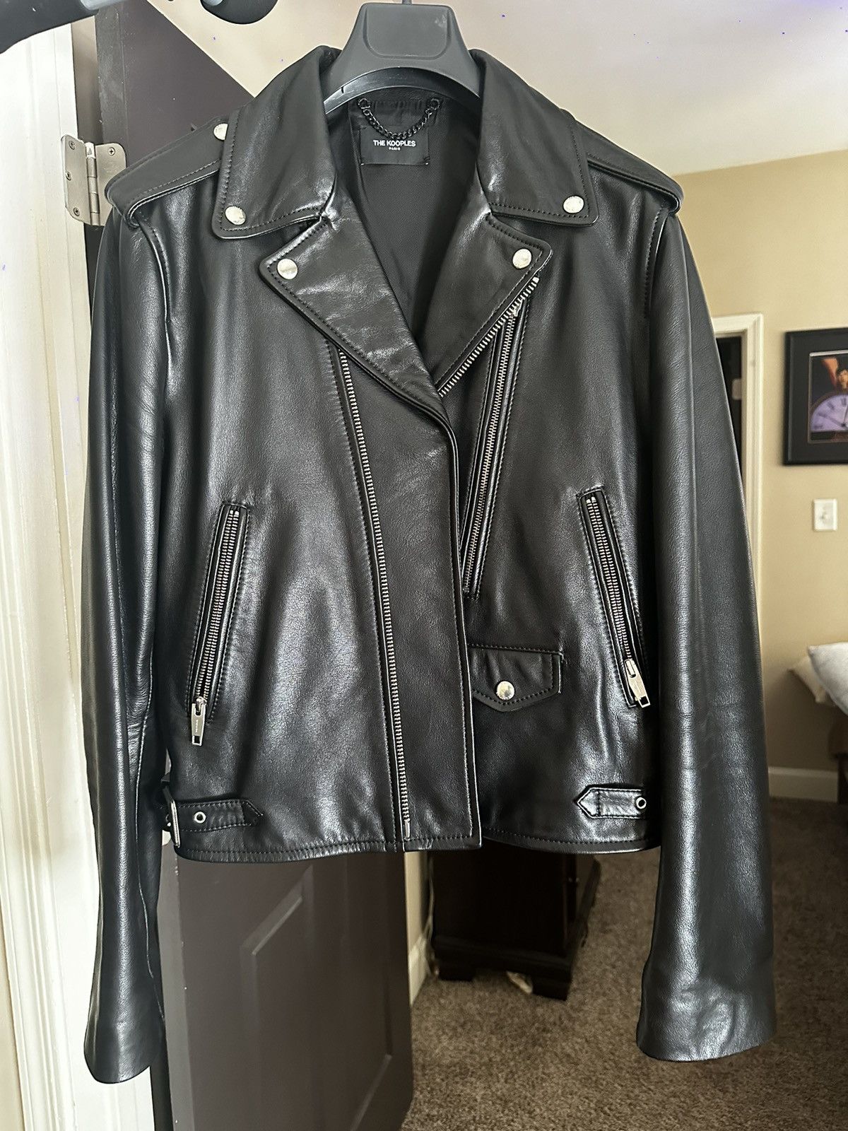 Image of The Kooples Black Leather Biker Jacket, Men's (Size Small)