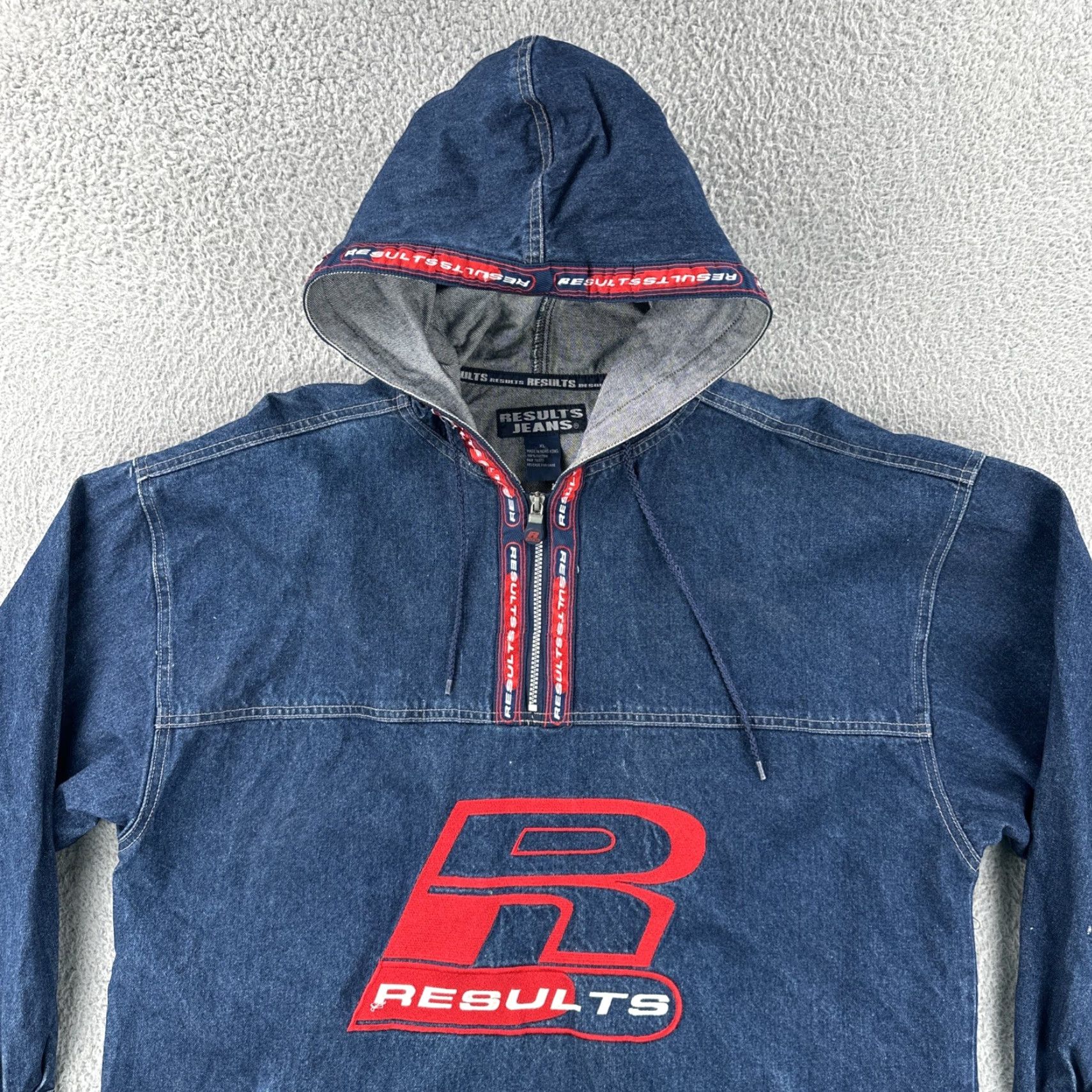 Vintage VINTAGE Results Jeans XL Embroidered Blue Denim Hooded 1/4 Zip Anorak Jacket 90s Mens Size US 36 / EU 52 - 5 Thumbnail