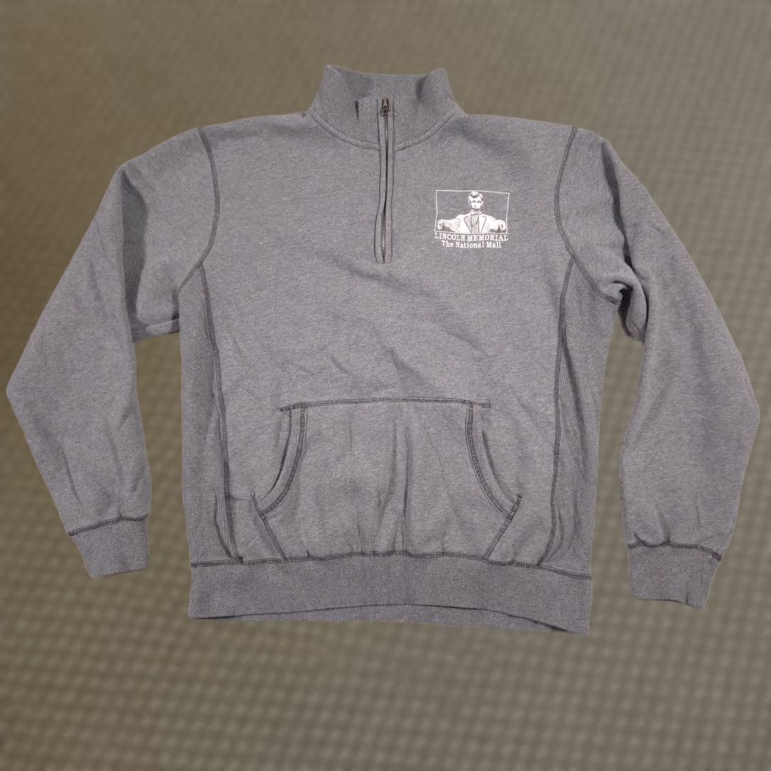 Vintage Blue 84 Sweatshirt Mens M Gray Quarter Zip Fleece Lincoln Memorial Graphic Pullover USA 1/4 Zip Kangaroo Pocket Embroidered Logo Mock Neck Size US M / EU 48-50 / 2 - 1 Thumbnail