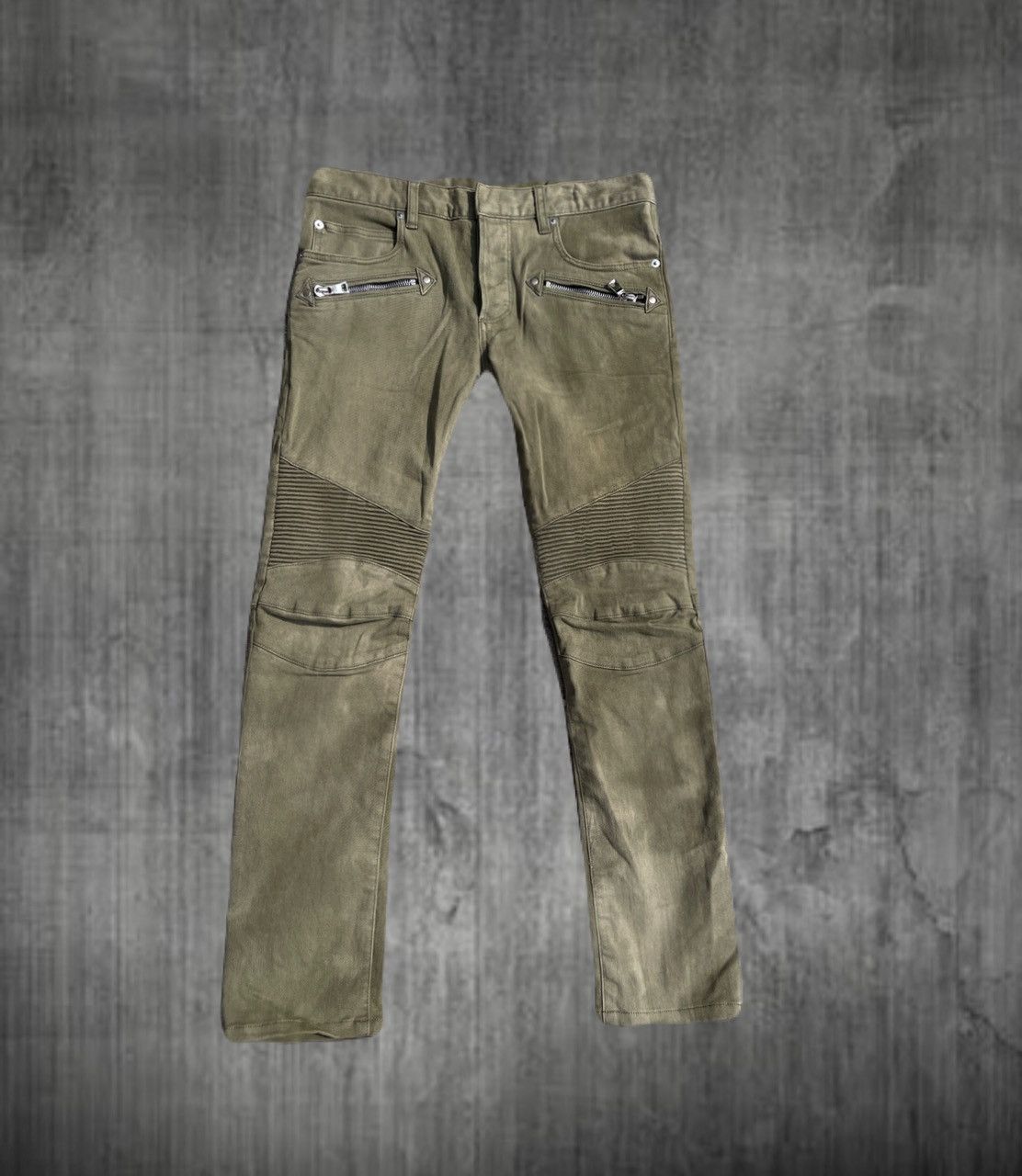 Balmain Moto Biker Zip Jeans Khaki Made in Japan