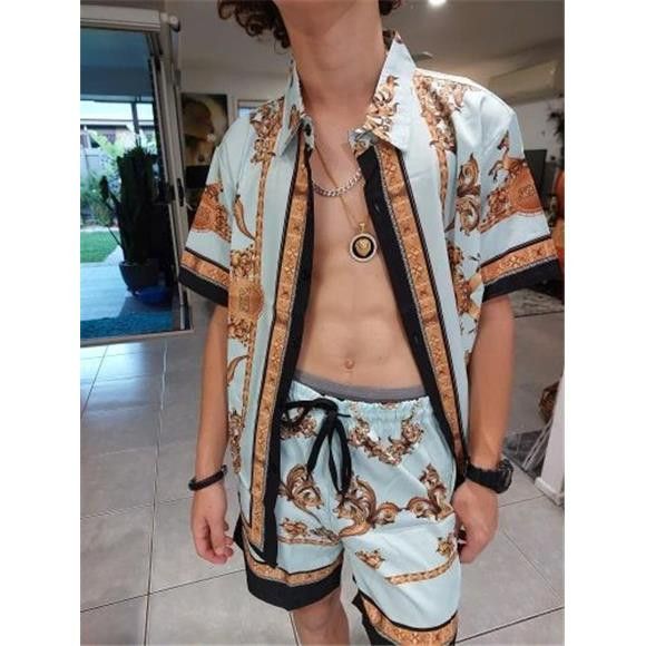 image of Fashion Hawaiian Shirt Set Mens Printing Set Short Sleeve in Light Blue (Size XL)
