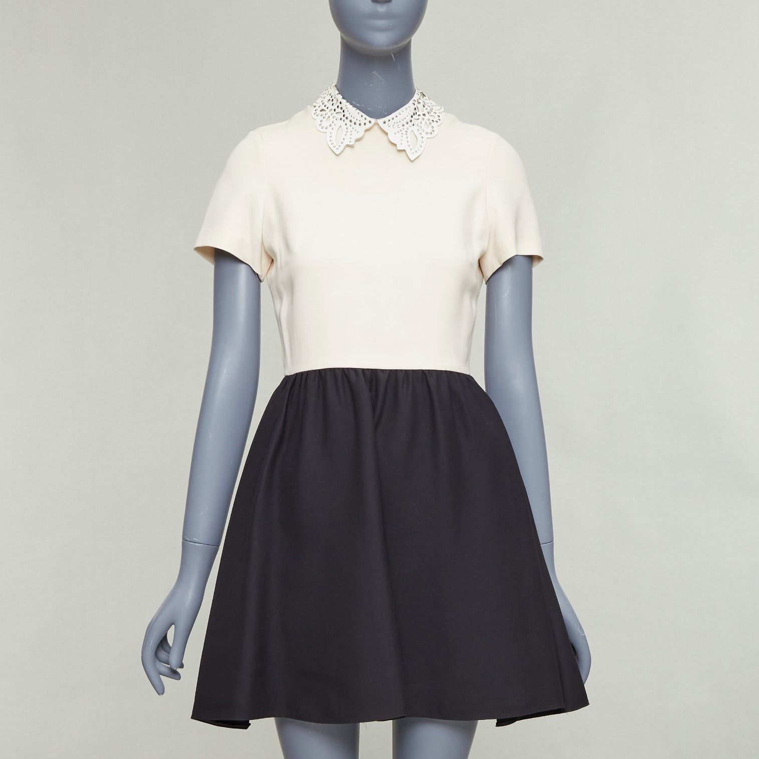 Valentino VALENTINO cream black silver studded leather collar bicolor cocktail dress Size ONE SIZE - 1 Thumbnail