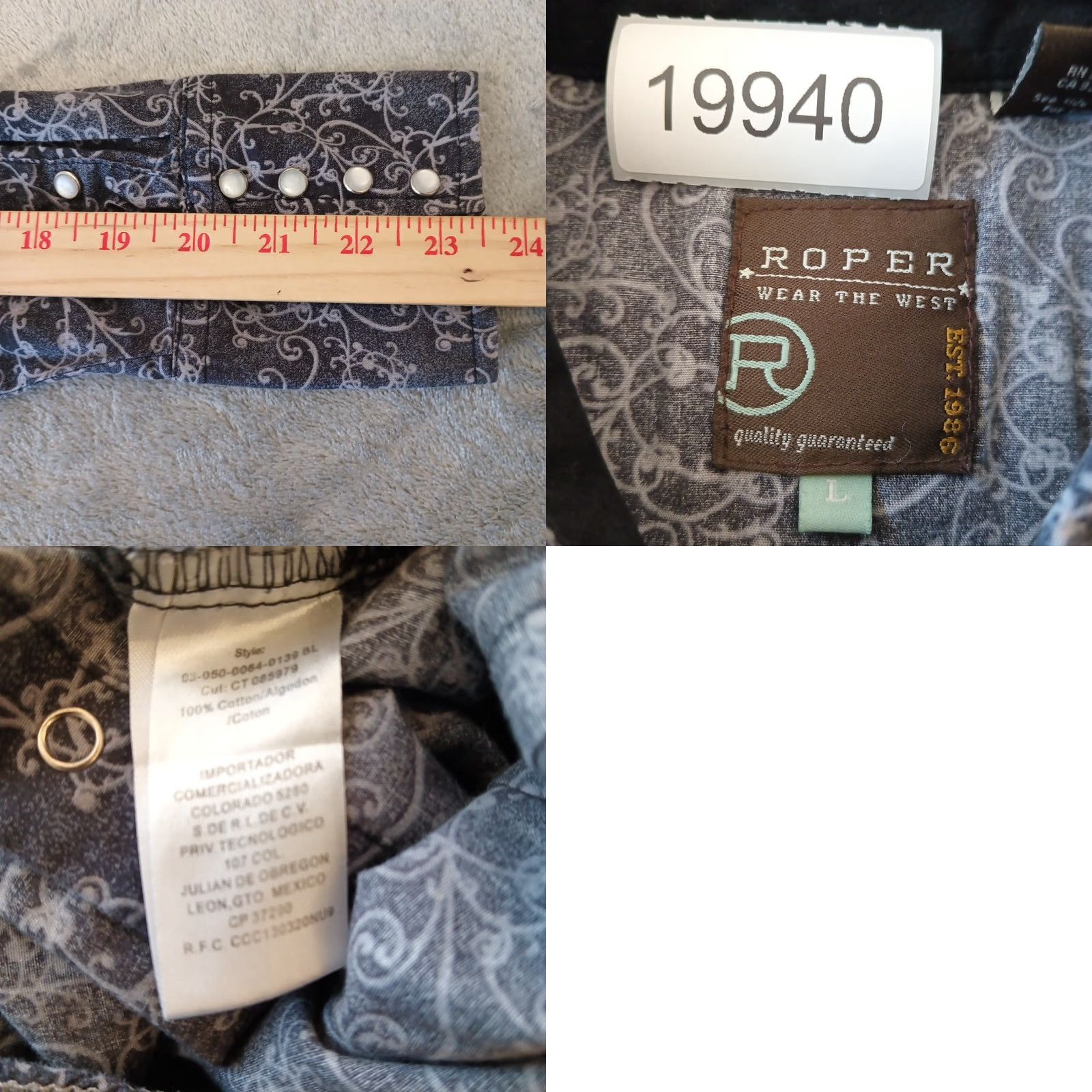 Roper Roper Shirt Womens Large Gray Floral Long Sleeve Snap Pockets Western Size L / US 10 / IT 46 - 8 Thumbnail
