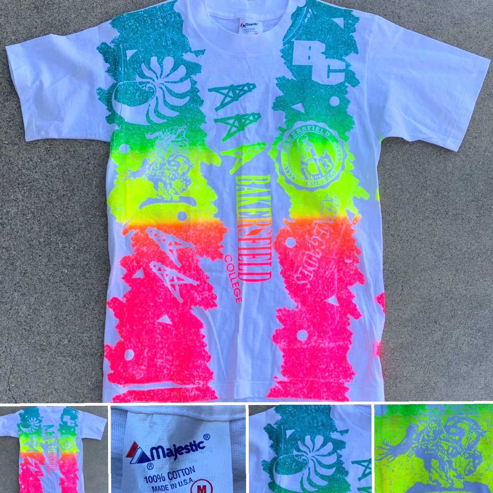 Gloverall VINTAGE Bakersfield College allover print neon graphic t-shirt 80s 90s M AOP Size US M / EU 48-50 / 2 - 2 Thumbnail