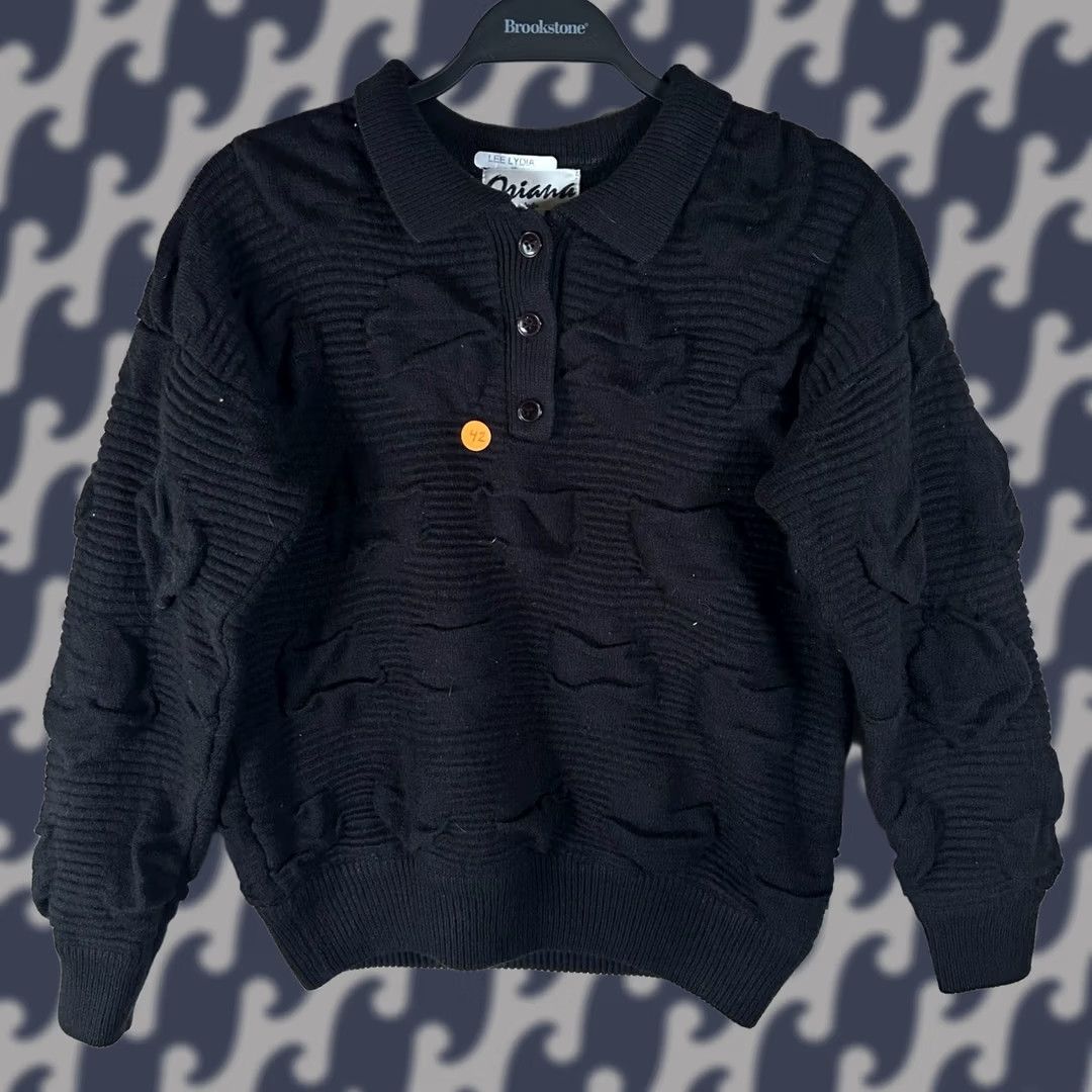 Vintage Oriana Italia Vintage Black Textured Knit Polo Sweater Small Acrylic Long Sleeve Size S / US 4 / IT 40 - 1 Thumbnail