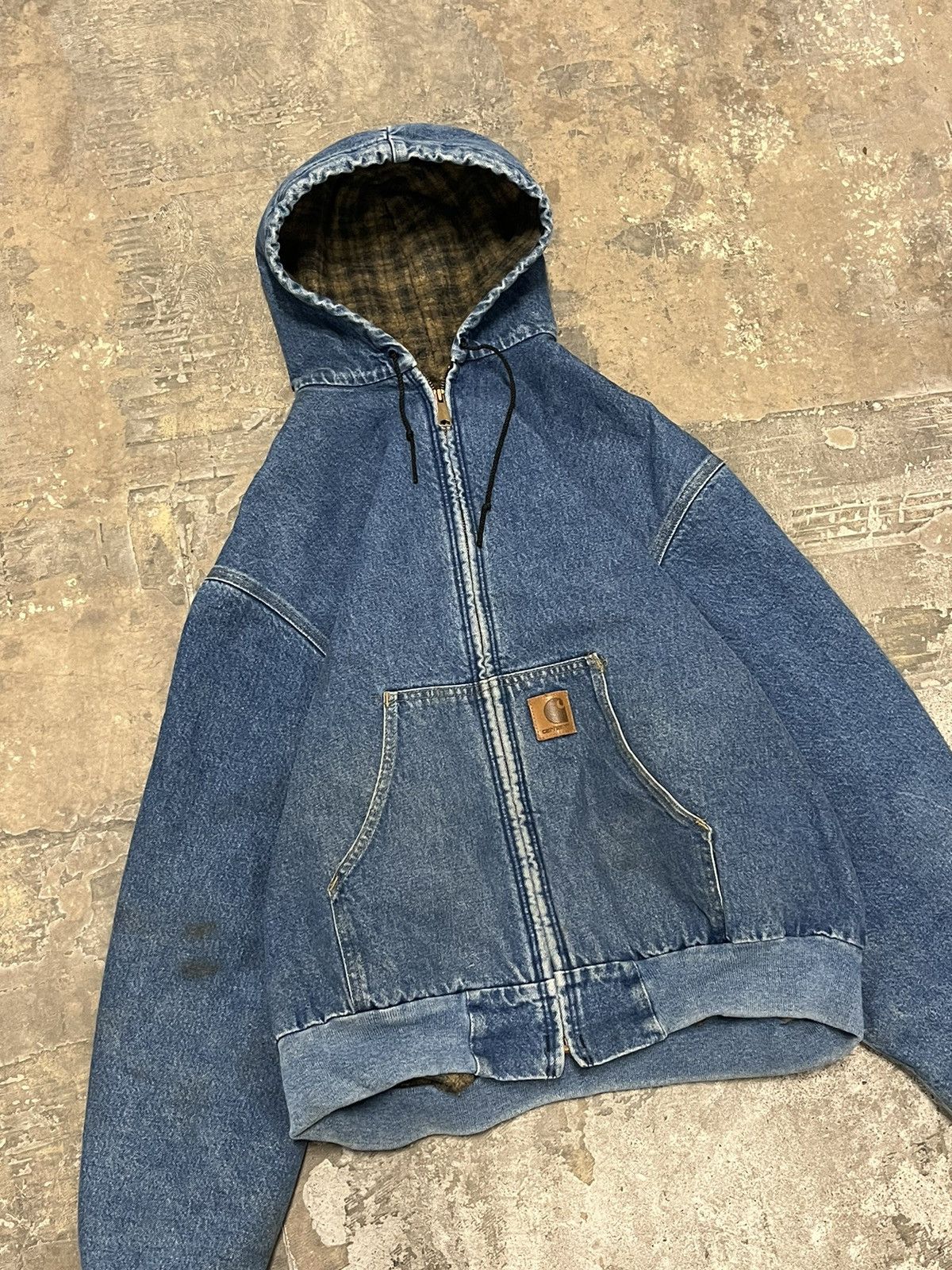 VTG Carhartt J252 DNM Quilted Hooded Denim Jacket Adult XL