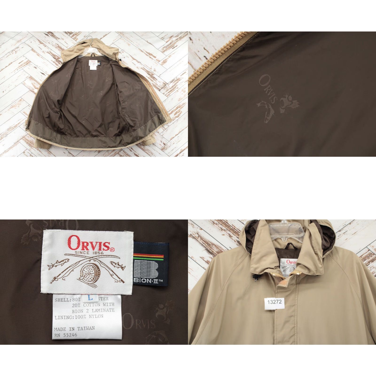 Orvis VINTAGE ORVIS Storm Dry Coat Bomber Jacket Mens Large Tan W/Packable Hood Pockets All Seasons Wind-Resistant Water-Resistant 90s Outdoors Fishing Size US L / EU 52-54 / 3 - 8 Thumbnail