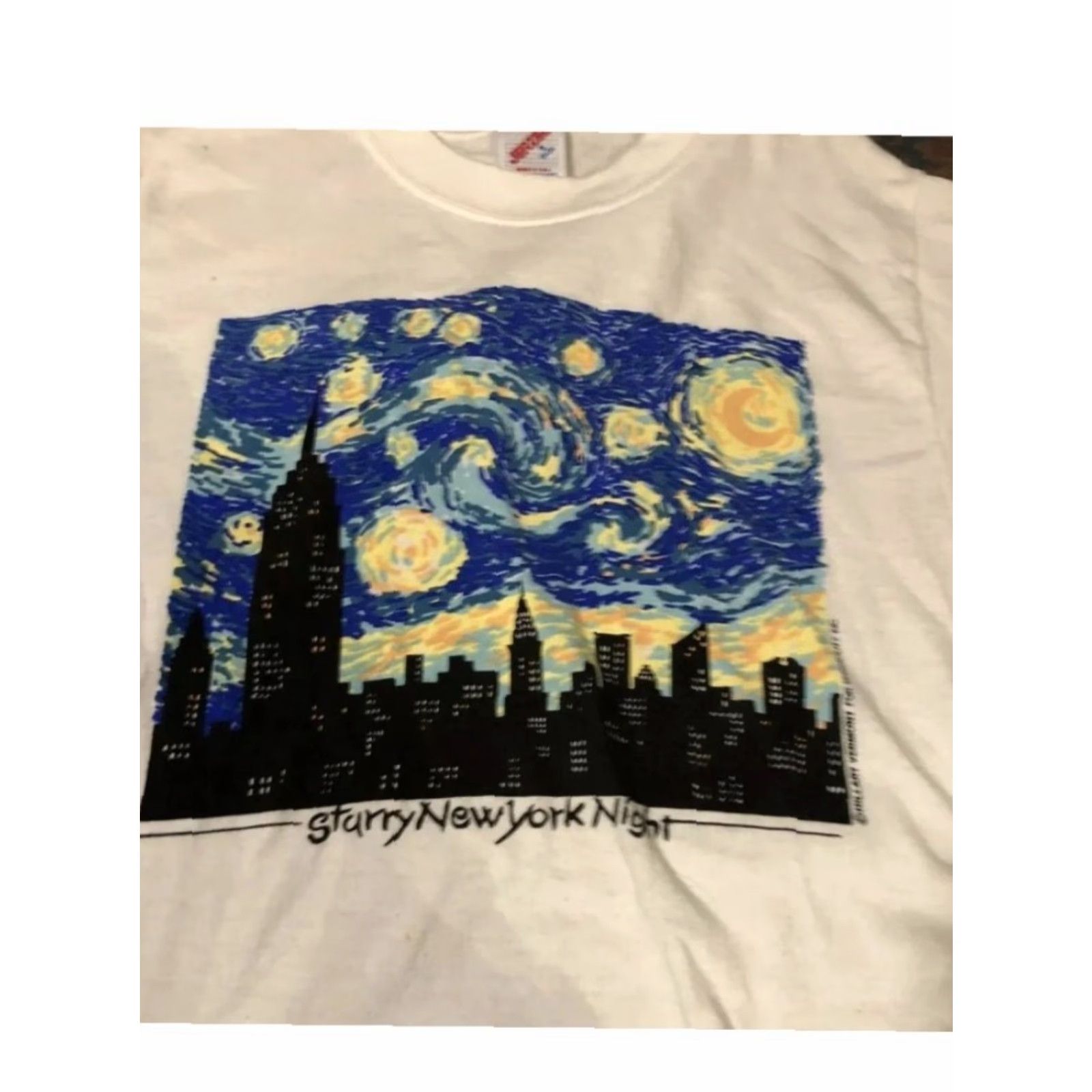Jerzees VINTAGE Van Gogh Starry New York Night T-Shirt Mens S White Distressed Art Tee Rare Size US S / EU 44-46 / 1 - 5 Thumbnail