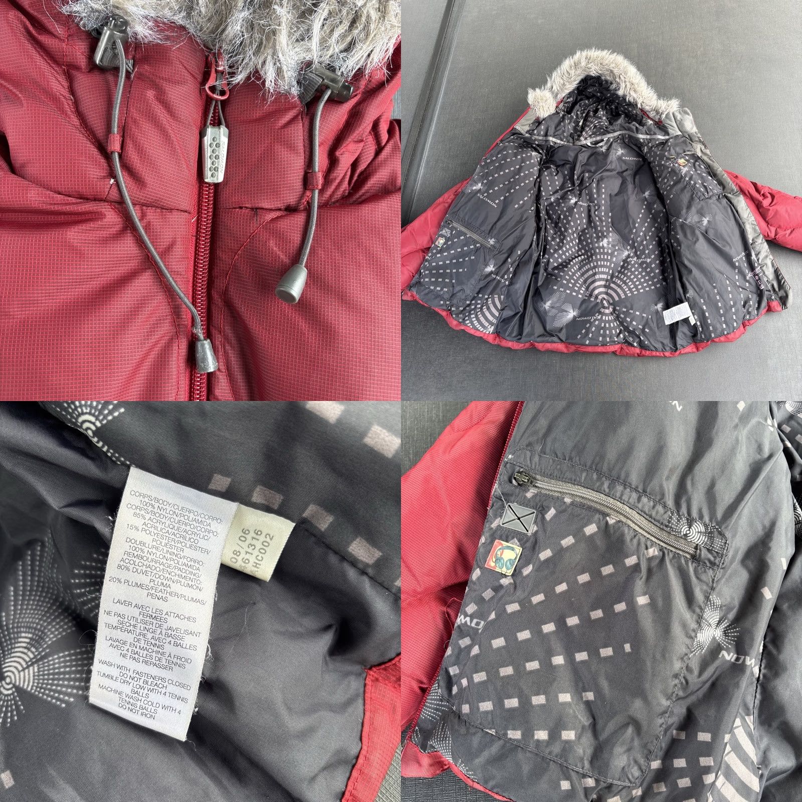 Salomon VINTAGE Salomon Women's S Puffer Jacket Hooded Down Crimson Red Faux Fur Y2K Jacket Womens Size S Red Logo Accents Size S / US 4 / IT 40 - 9 Thumbnail