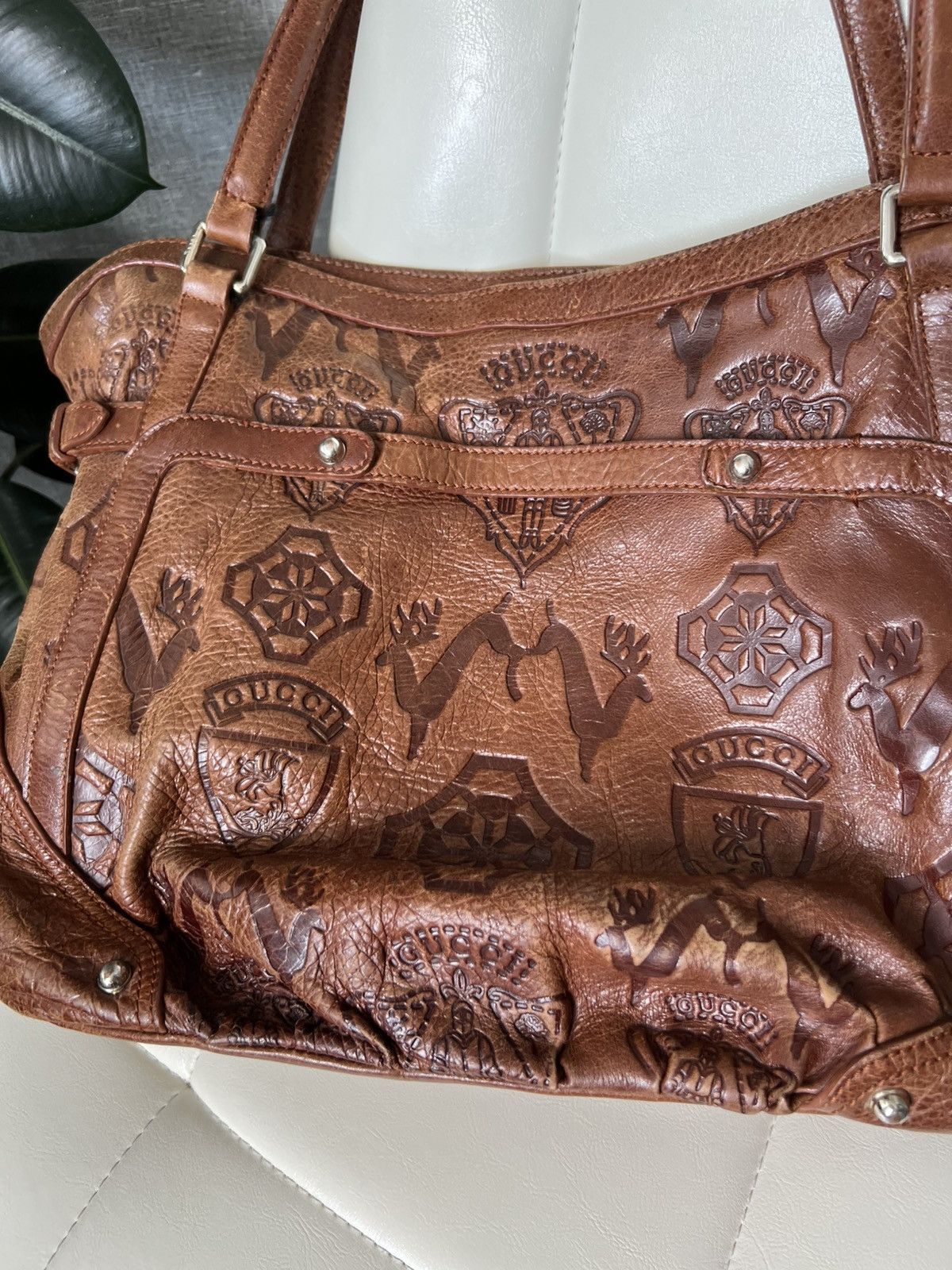 Gucci × Vintage Vintage Gucci Jockey Brown Embossed Leather Horsebit Bag Size ONE SIZE - 8 Thumbnail