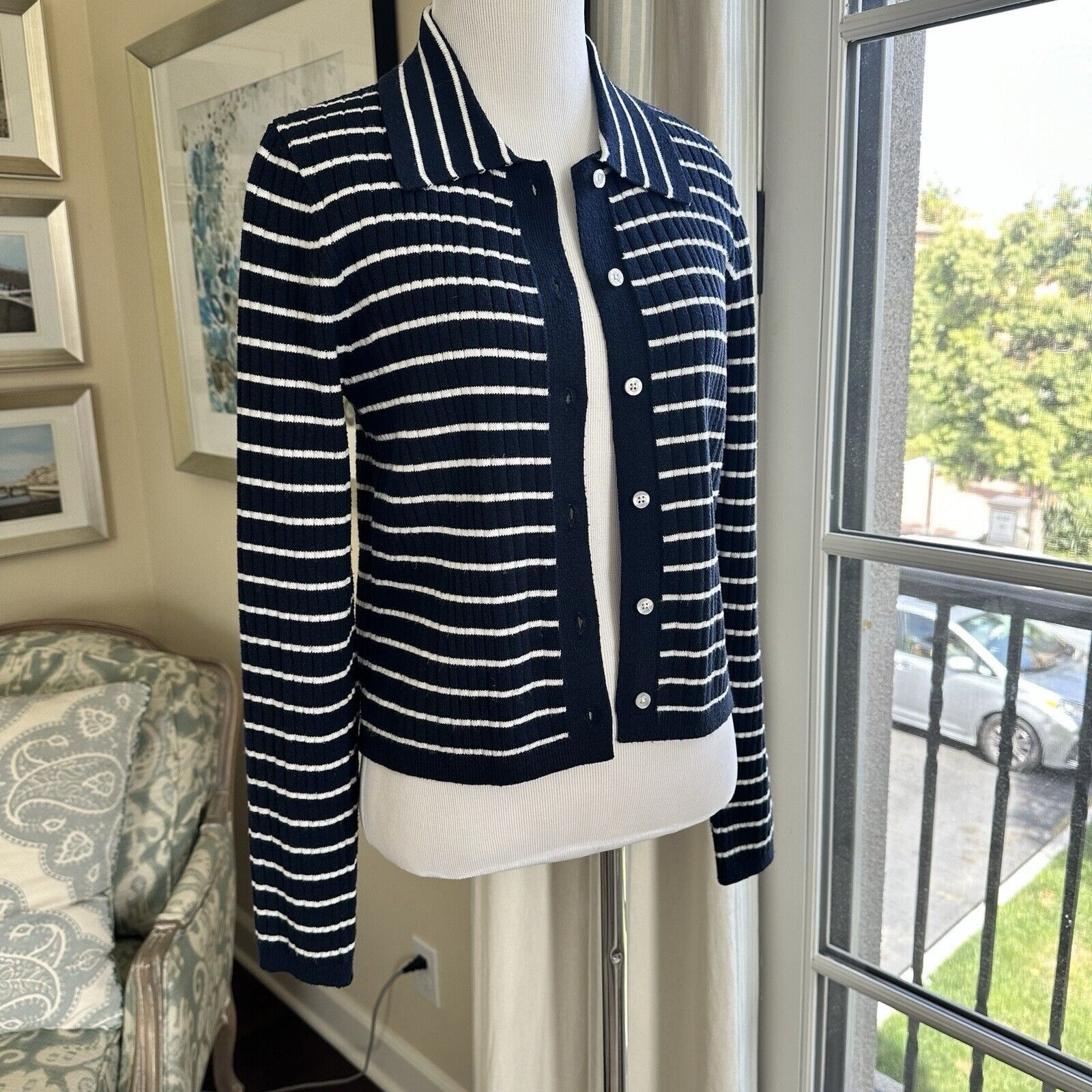 Other Navy White Striped Ribbed Cardigan Sweater Bagatelle Size M Size M / US 6-8 / IT 42-44 - 10 Thumbnail