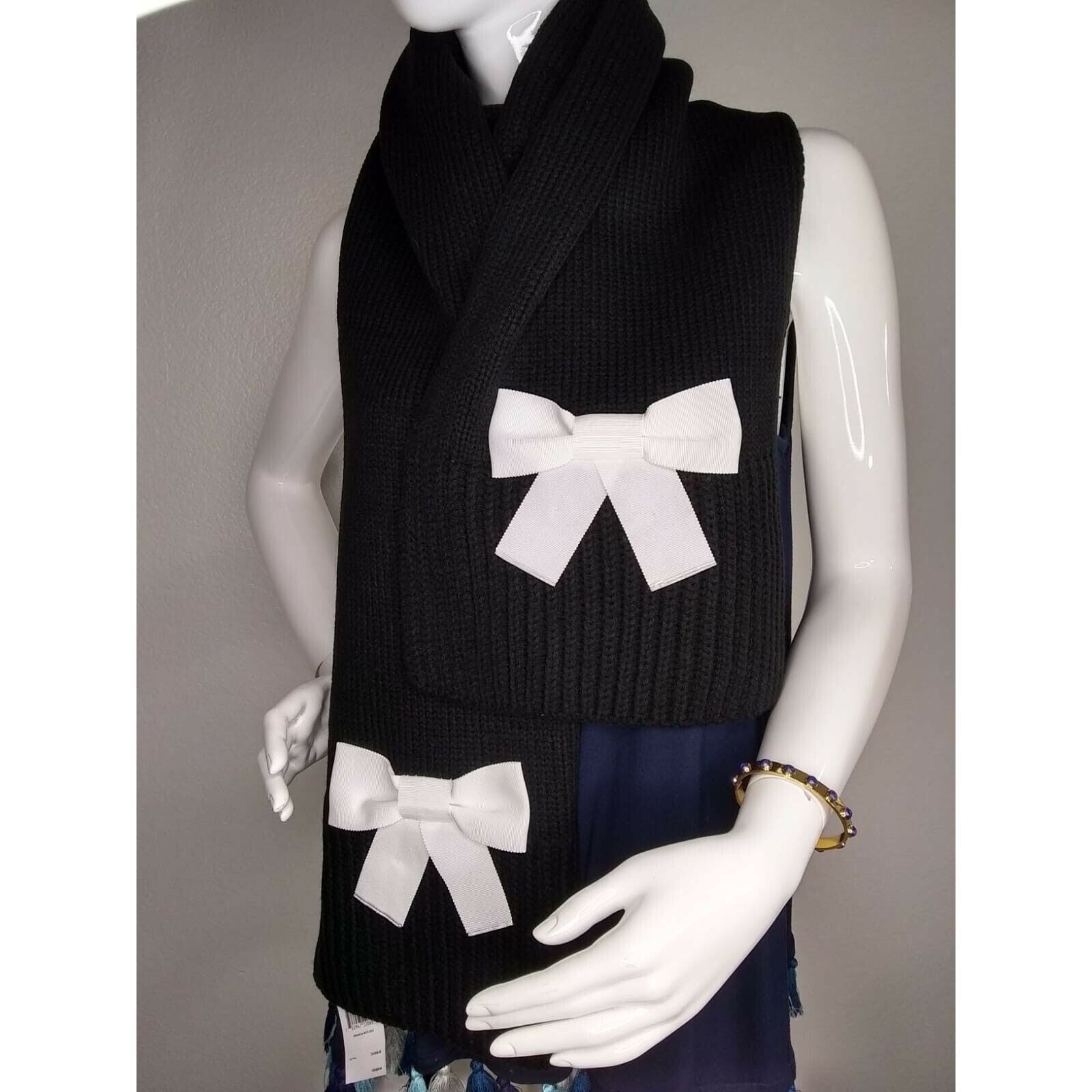Kate Spade Kate Spade Grosgrain Bow Muffler Knit Scarf Black Size ONE SIZE - 4 Thumbnail