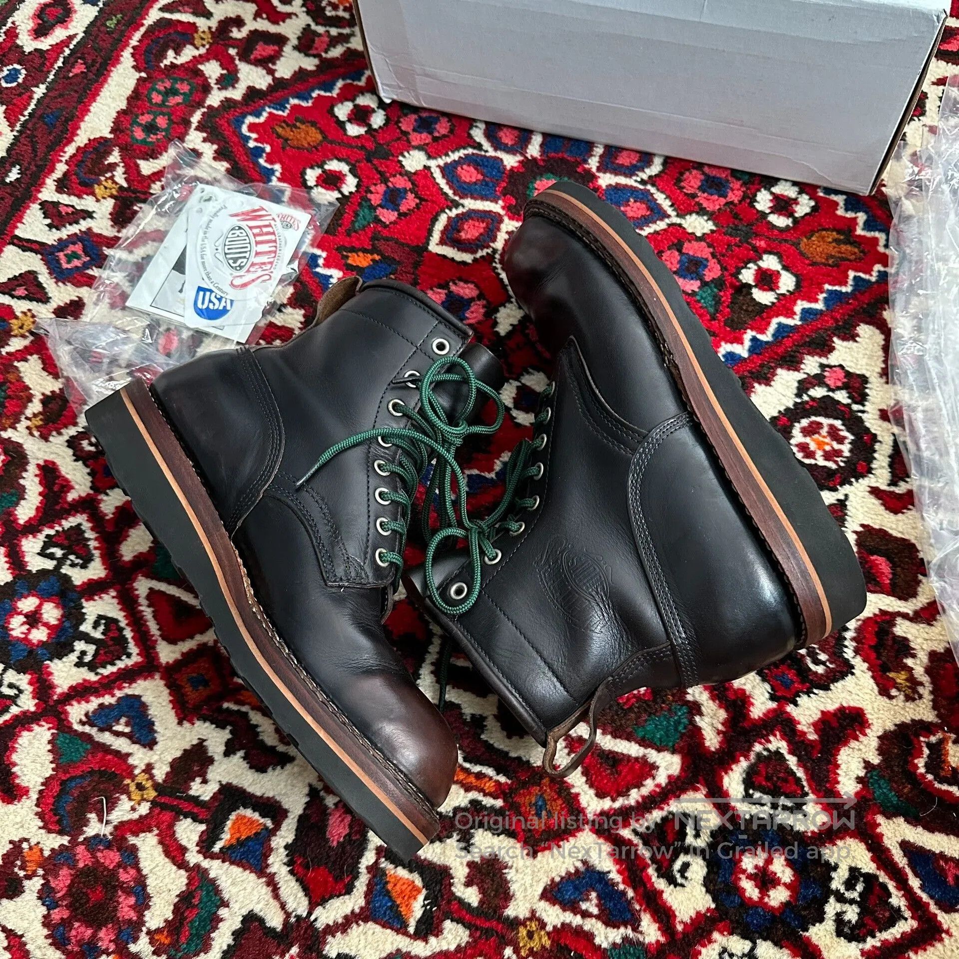 White's Boots Black Leather Boots with Green Laces. Size US 8.5 / EU 41-42 - 5 Thumbnail