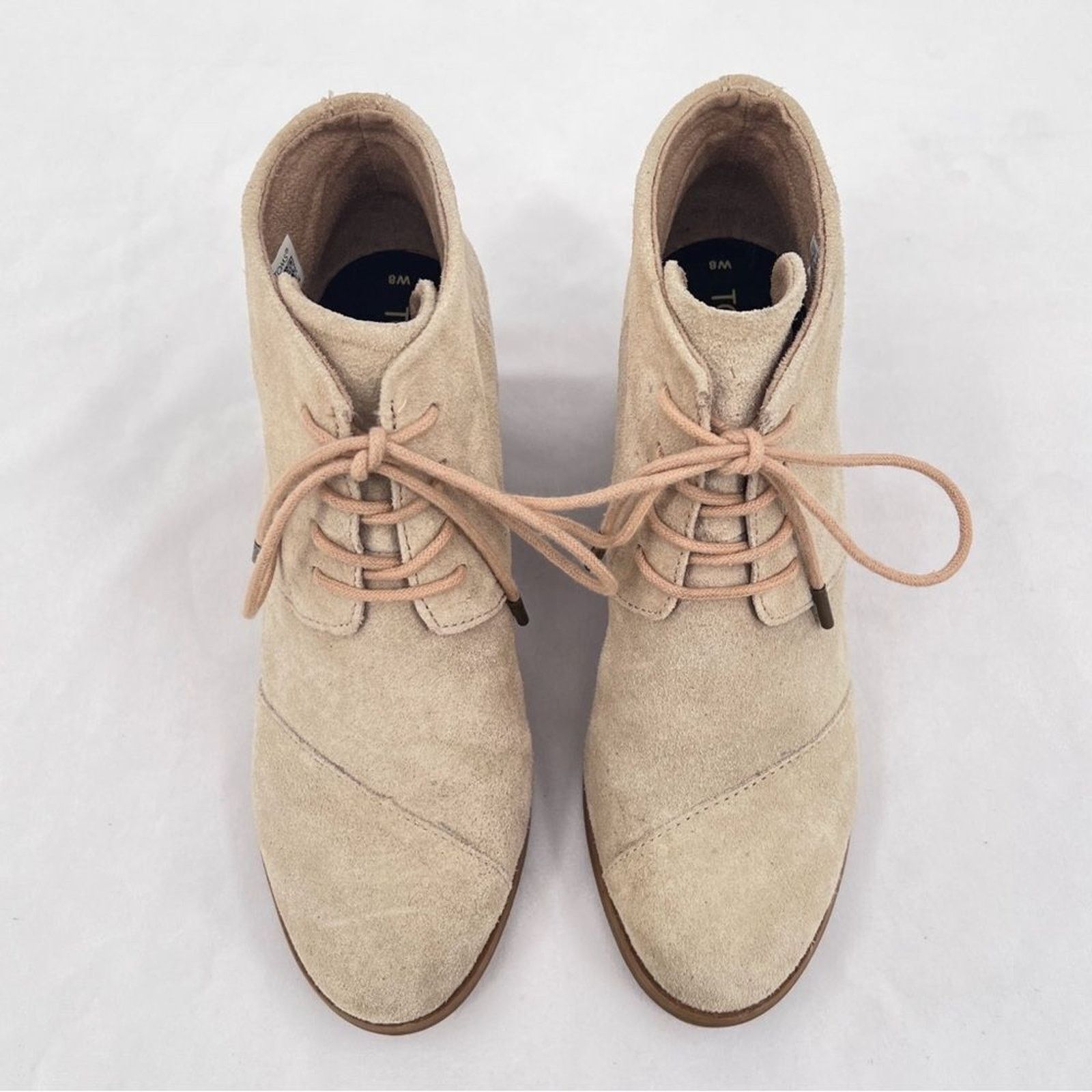 Toms Toms Hyde Suede Leather Creamy Tan Lace Up Wedge Heel Ankle Size US 8 / IT 38 - 2 Thumbnail