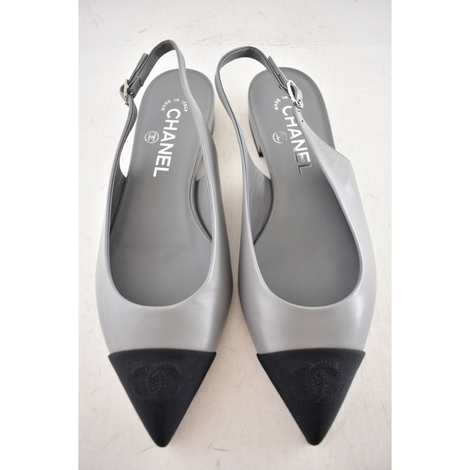 Chanel Chanel 24A Gray Leather Black CC Logo Slingback Flat 36c Size US 5 / IT 35 - 11 Thumbnail