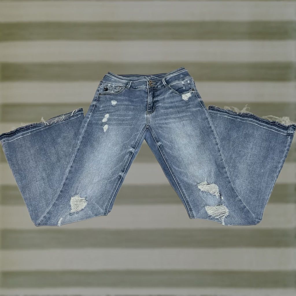 Vintage KanCan Jeans Womens 28x30 Blue High Rise Double Button Released Hem Flare Distressed Stretch 5-Pocket Denim Jeans Womens Regular Bohemian 90s Clothing Size 28" / US 6 / IT 42 - 1 Thumbnail