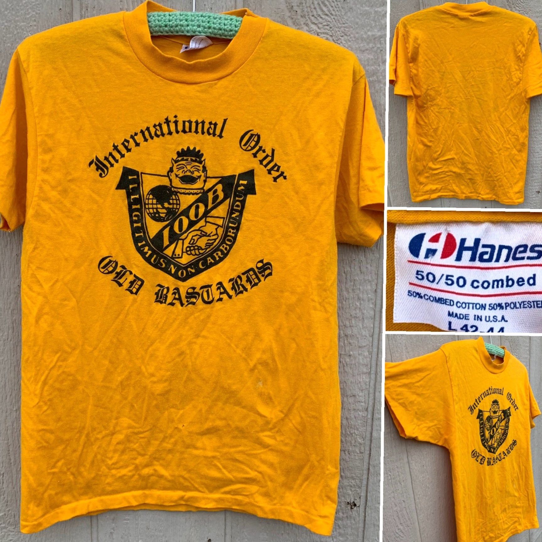 Hanes VINTAGE Hanes T-Shirt IOOB Old Bastards Graphic Print Crew Neck Short Sleeve L Yellow 50/50 Cotton Polyester Men Size US L / EU 52-54 / 3 - 2 Thumbnail