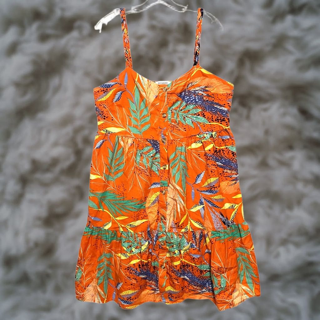 Vintage BeachLunchLounge Dress L Sleeveless Button Front Floral A-Line Beach Tropical Hawaiian Womens Short 38" Cotton Linen Rayon Orange Size L / US 10 / IT 46 - 1 Thumbnail