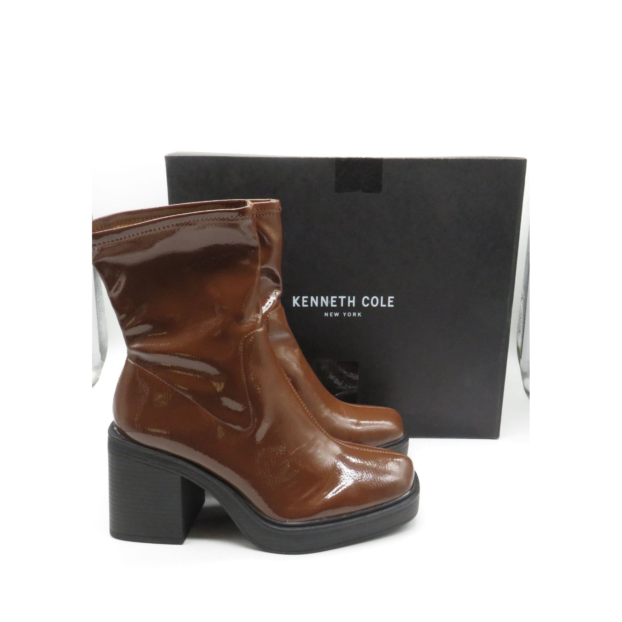 Kenneth Cole Kenneth Cole Women's Amber Brown Patent Block Heel Boots Siz Size US 9 / IT 39 - 1 Thumbnail