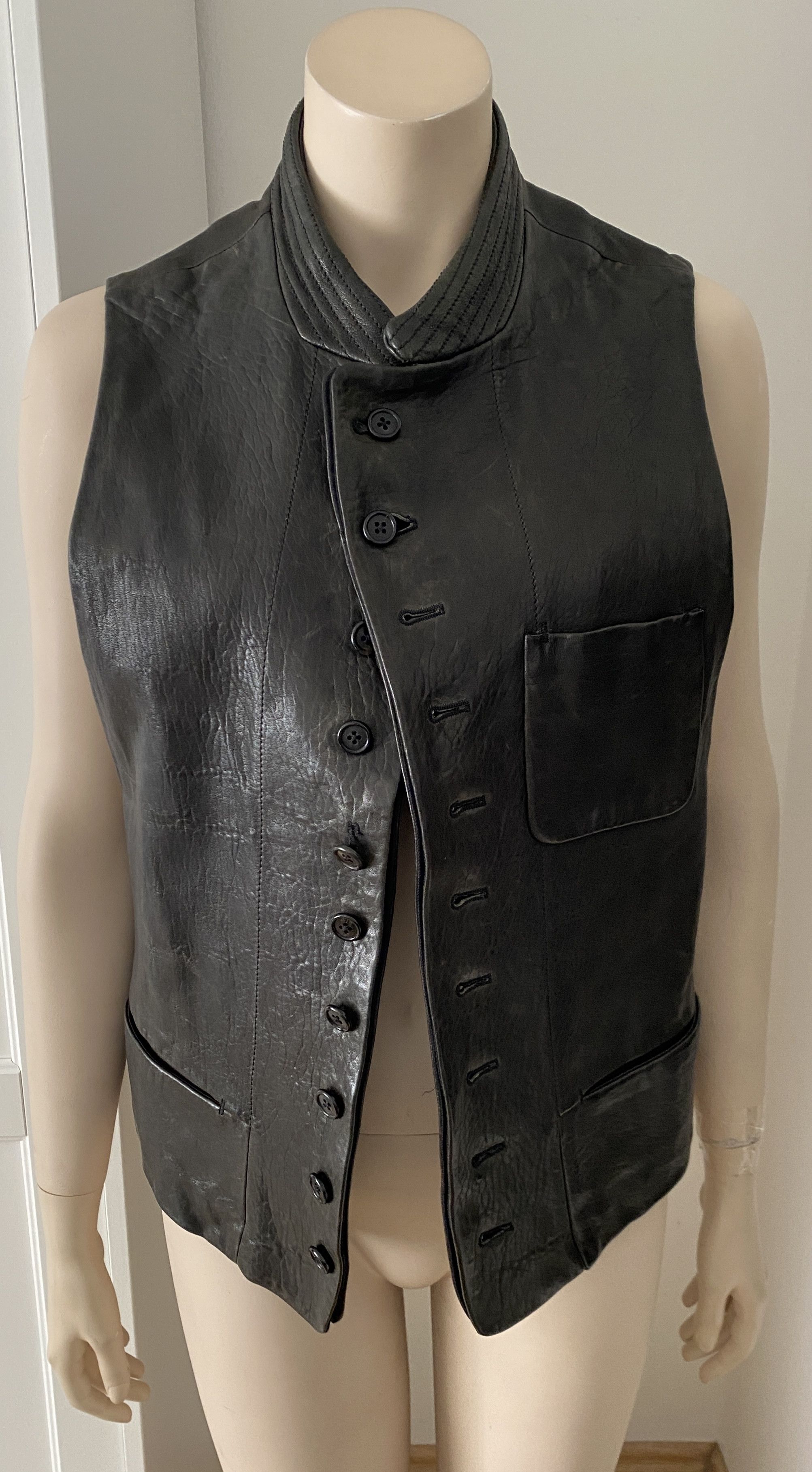 Pre-owned Ann Demeulemeester Vintage Leather Button Up Vest Jacket Distressed Xs-l In Black