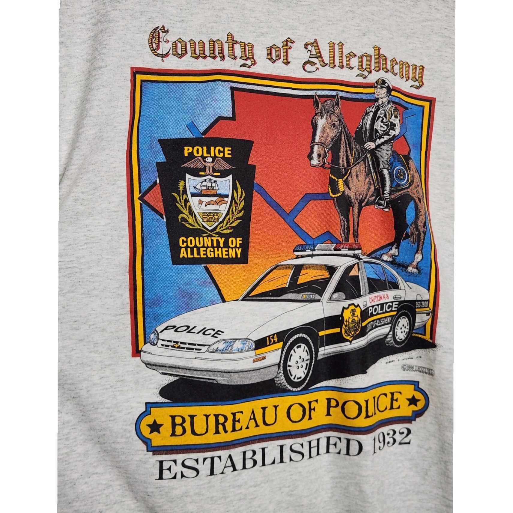 Fruit Of The Loom VINTAGE Allegheny Bureau Police Art Car Horse Gray Large Shirt Unisex Adults 90s Size US L / EU 52-54 / 3 - 4 Thumbnail