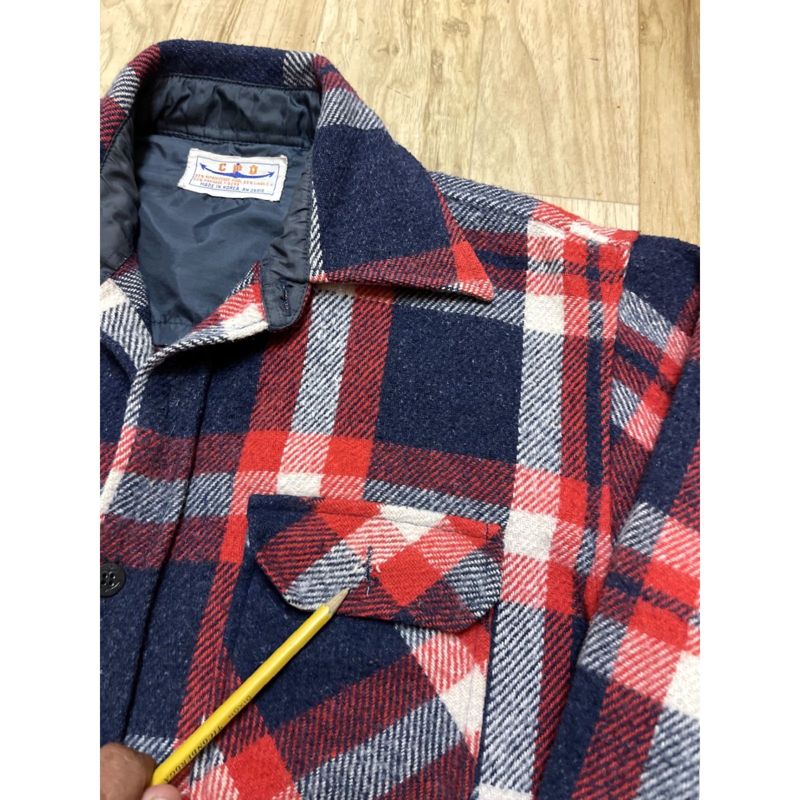 VINTAGE CPO Shirt Jacket Plaid Wool Blend Button-Up 70s Medium Anchor Buttons Unisex Adults Boys Girls (Color Multicolor)