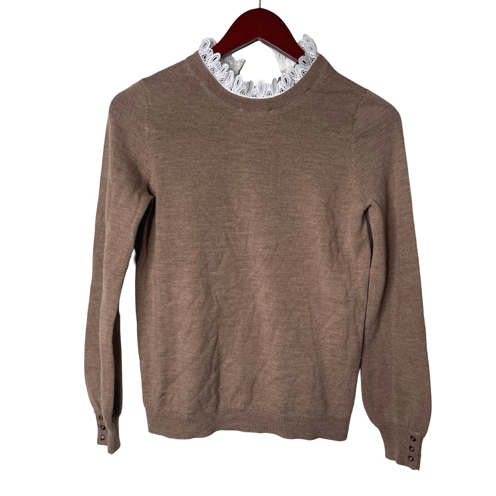 Sezane Sezane Eduardo camel merino wool jumper white lace collar XS Size XS / US 0-2 / IT 36-38 - 2 Thumbnail