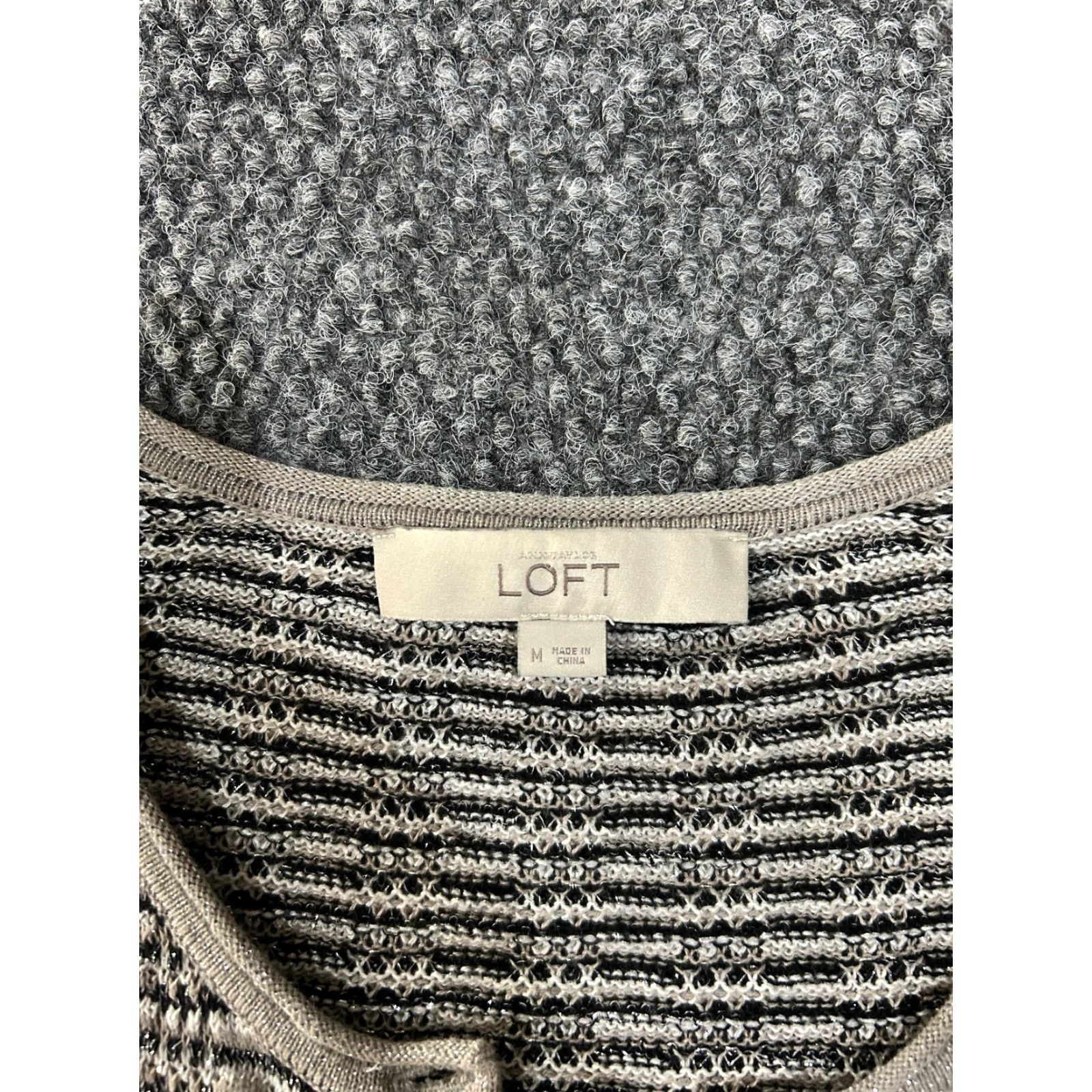 Loft LOFT Cardigan Womens Medium Gray White Striped Button Front Geometric Knit Crew Neck Rib Knit Casual Sleeve Regular Fall Winter Spring Size M / US 6-8 / IT 42-44 - 3 Thumbnail