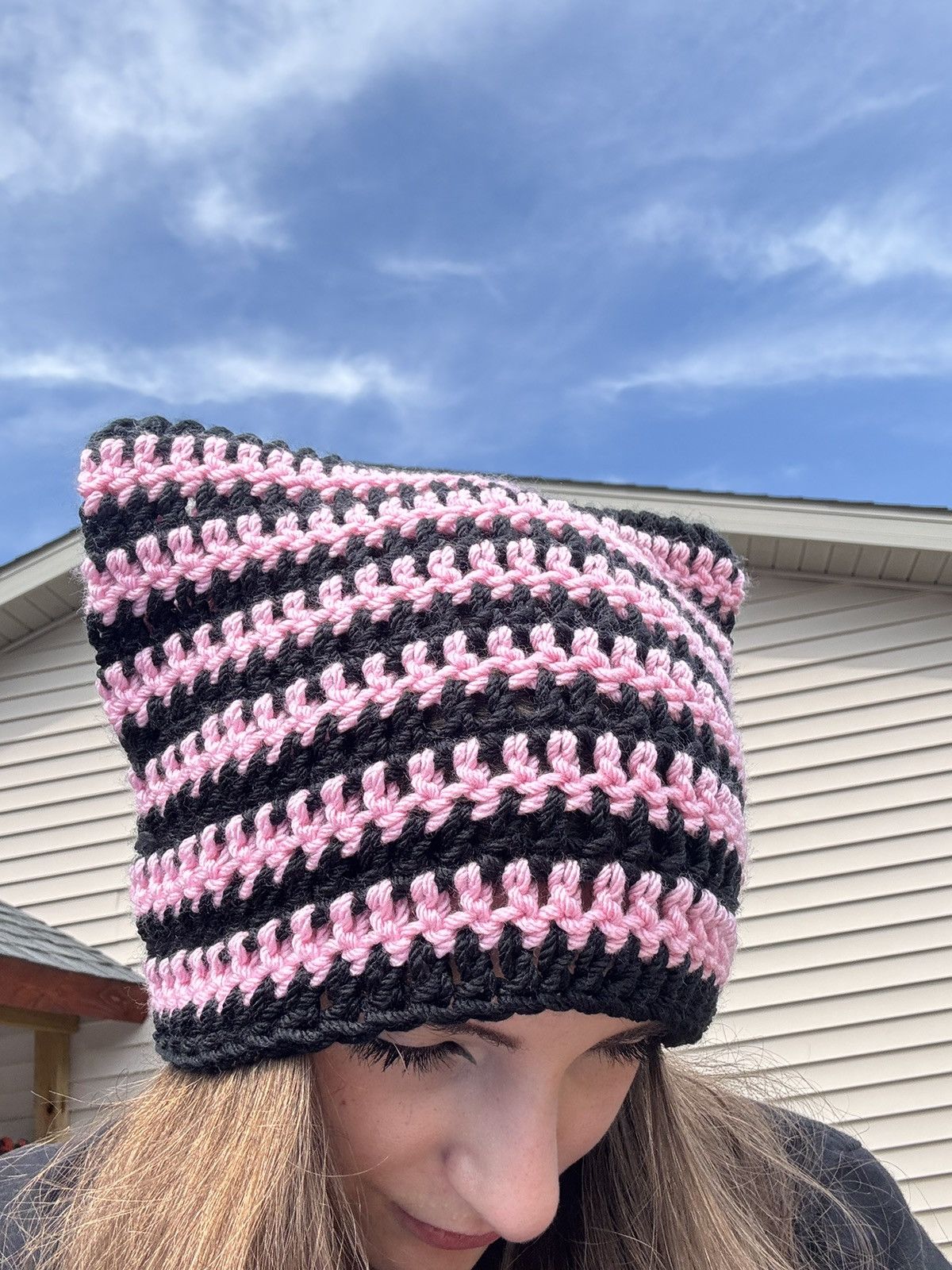 Handmade Crochet Cat Beanie - Black & Pink Size ONE SIZE - 5 Thumbnail