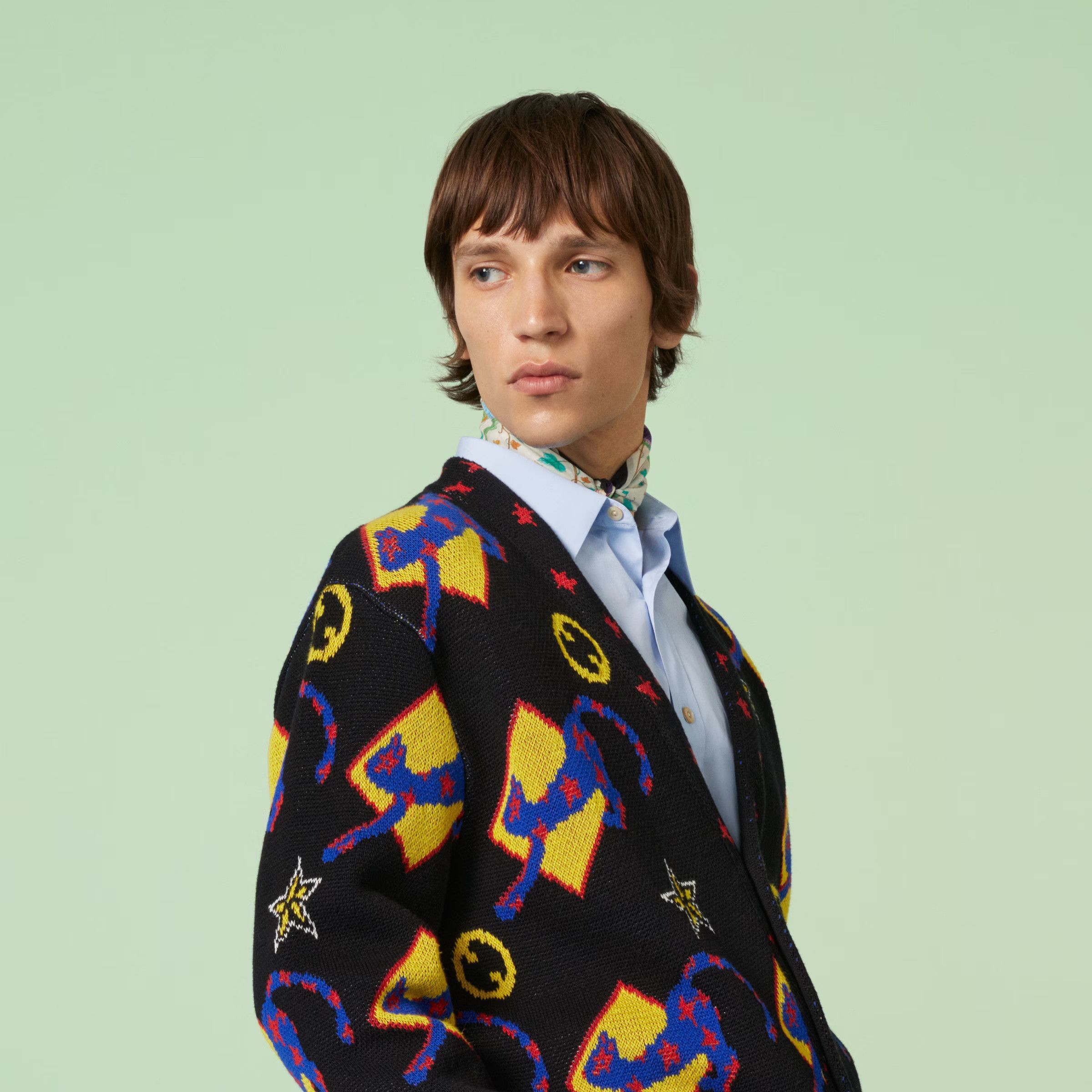 Gucci M Gucci GG Cat Graphic Logo Intarsia Cardigan Black Yellow Size US M / EU 48-50 / 2 - 3 Thumbnail