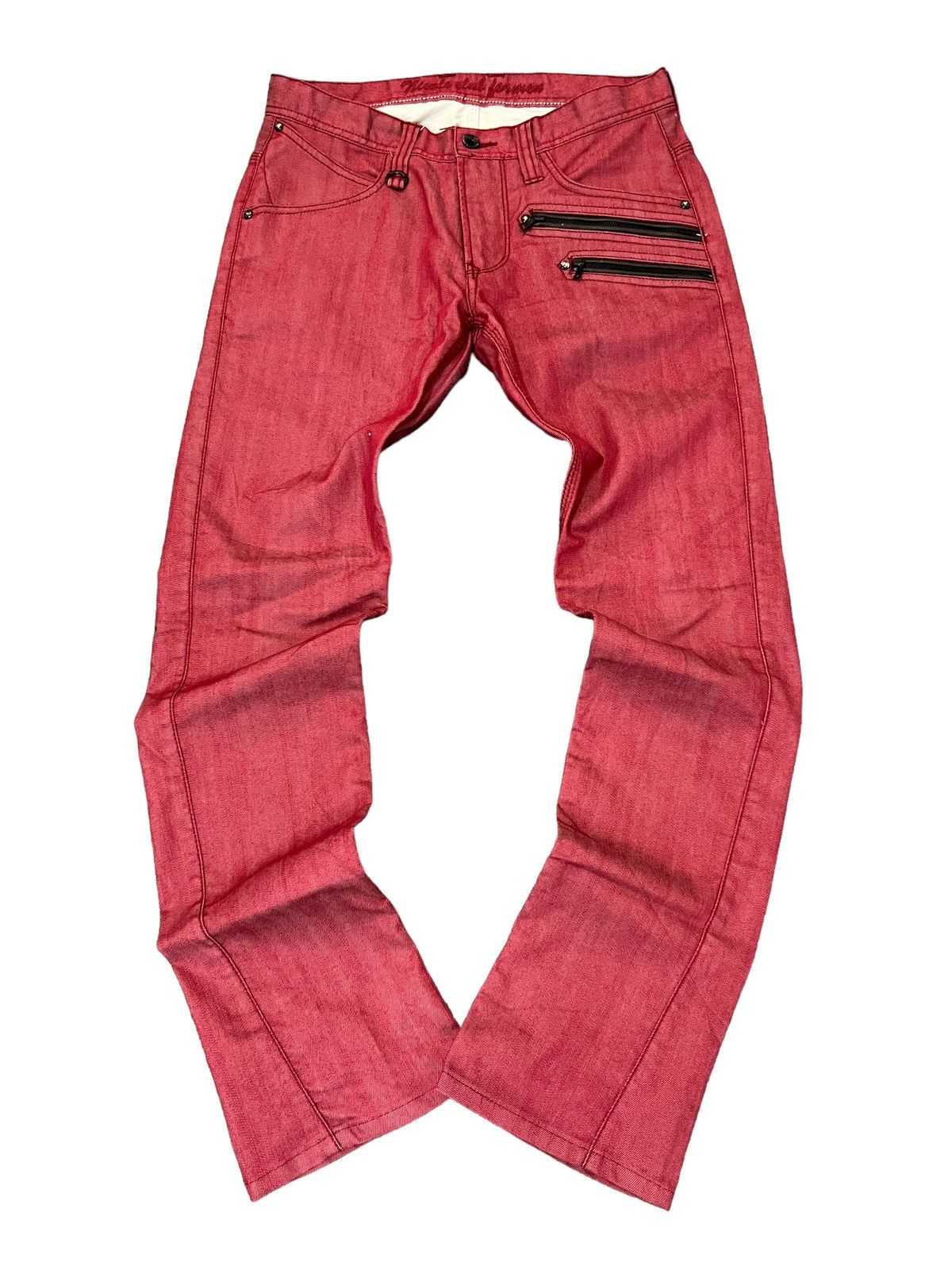 image of 14Th Addiction x Tornado Mart Nicole Club For Men Flare Pants Multi Zipper in Red (Size 30)