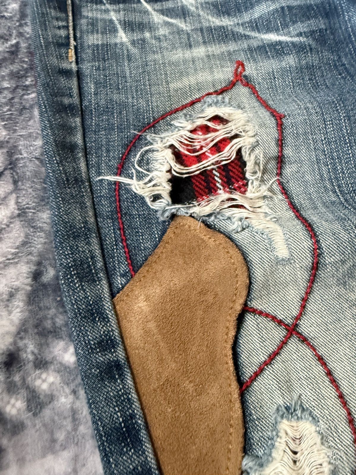 Hysteric Glamour Lucy Pearl Patch Work Leather Trimmed Shashiko Flared Jeans Size US 27 - 9 Thumbnail