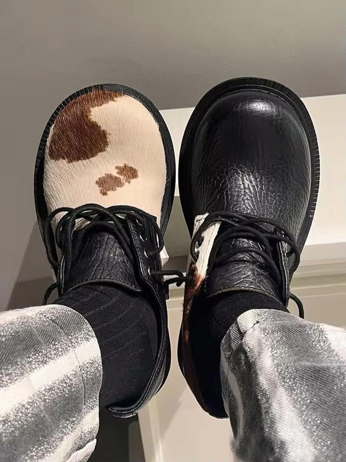Leather Unique Cow Print and Black Leather Chunky Shoes Size US 8 / EU 41 - 9 Thumbnail