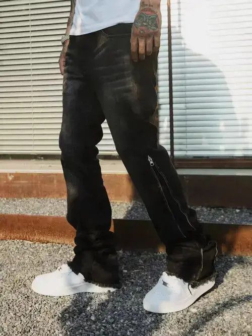 Paint Splatter Brown Stacked Denim Jeans