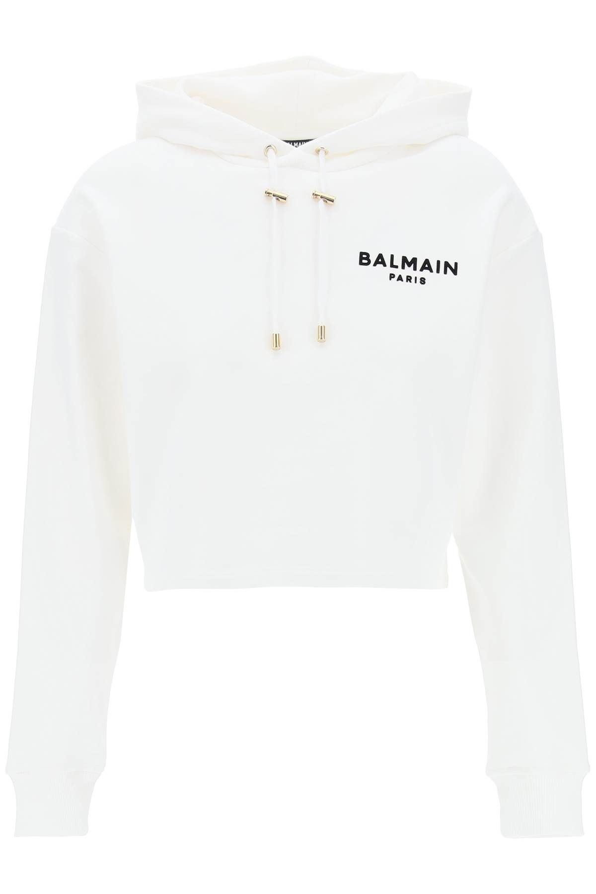 image of Balmain Cropped Hoodie With Flocked Logo in Blanc Noir, Women's (Size Small)